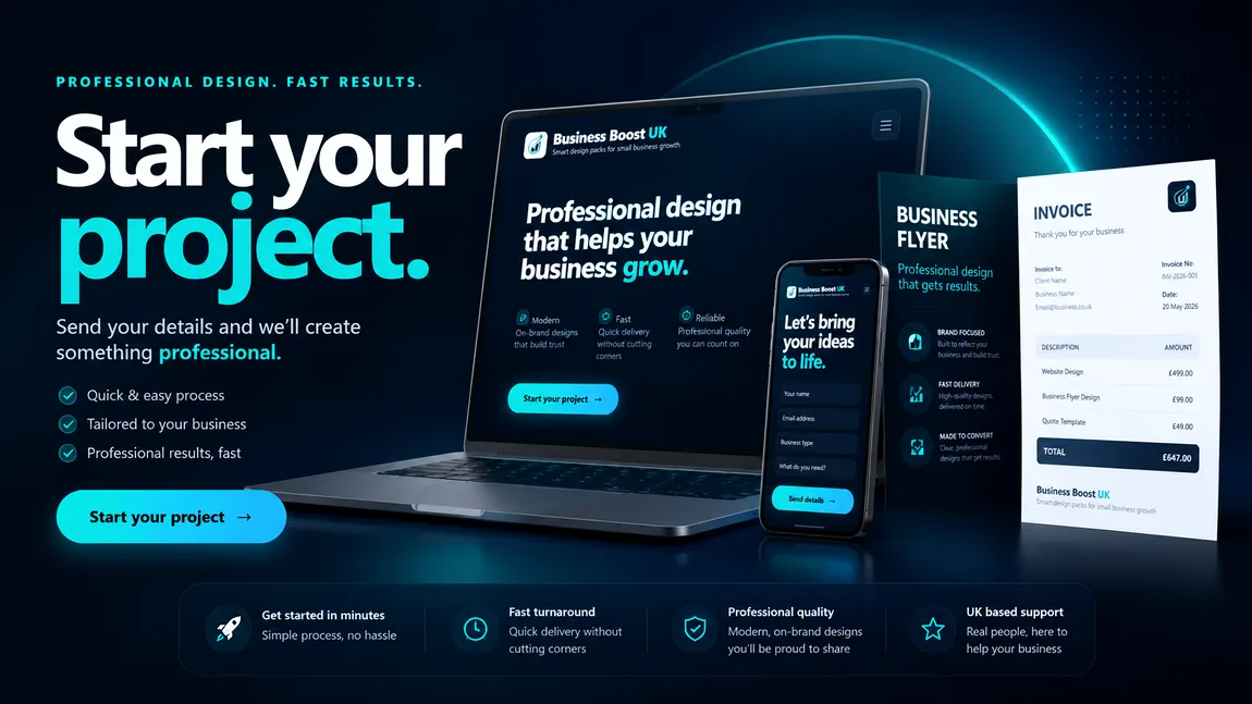 Business Boost UK homepage example showing website, flyer, menu, price list and invoice design examples